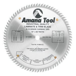 Amana Tool 610801 Carbide Tipped Fine Cut-Off and Crosscut 10 Inch Dia x 80T TCG, 10 Deg, 5/8 Bore