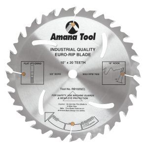 Amana Tool RB1020 Carbide Tipped Euro Rip with Cooling Slots 10 Inch Dia x 20T FT, 18 Deg, 5/8 Bore